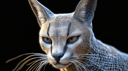 A stylized digital representation of a lynx, showcasing intricate wireframe details and glowing features against a dark background.