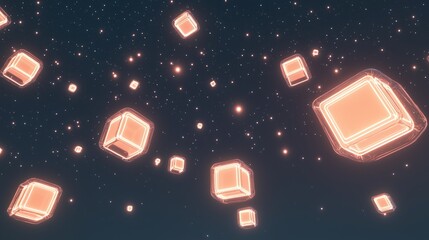A constellation of small, peach neon squares, floating gently under a starless night sky, with each square encased in a bubble of shimmering light.