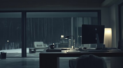 Night Workspace: Minimalist Home Office with Snowy Winter View