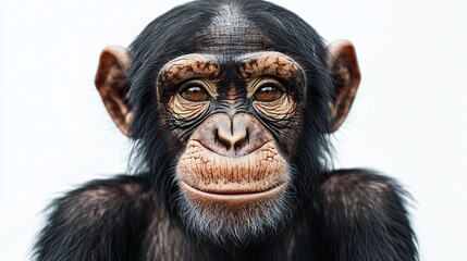 Naklejka premium Close-up of a realistic, expressive young chimpanzee against a plain background.