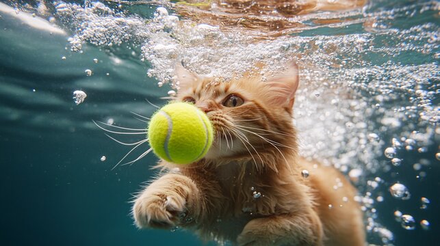 LaPerm cat underwater, reaching for a yellow tennis ball, bubbles adding dynamic energy.