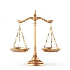 Golden balance scale symbolizing justice and fairness on white isolate background