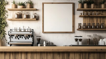 A rustic coffee shop corner with a blank frame on the wall, a sleek espresso machine on the counter, and wooden shelves filled with jars and cups