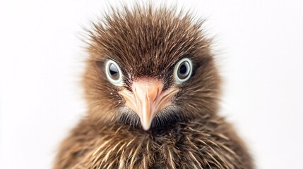 Close-up of a young brown-feathered bird with striking blue eyes against a white background.