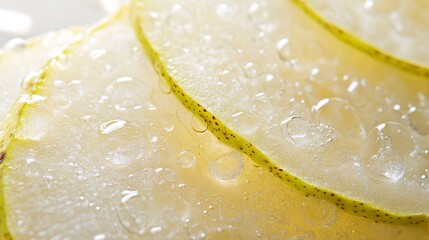 Close-up of fresh, juicy pear slices with droplets of water glistening on their surface.