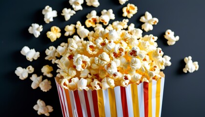 Delicious Popcorn in Red and Yellow Striped Container with Kernels on Dark Background