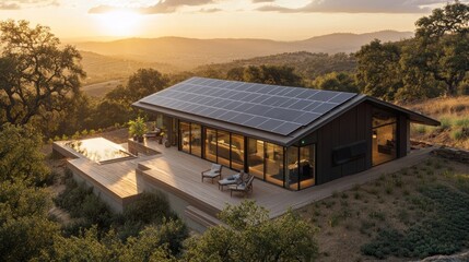 Obraz premium A smart home featuring efficient solar panels on its roof and a small heat pump on the exterior wall, emphasizing sustainable living