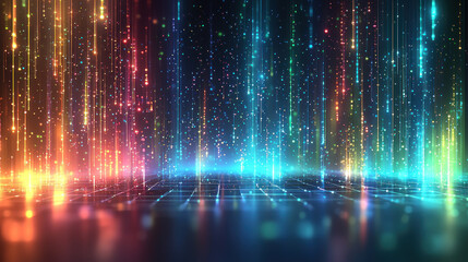 Colorful particle rain on grid stage background.