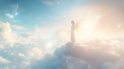 Naklejka premium Angelic Figure Soaring Above Clouds in Heavenly Light