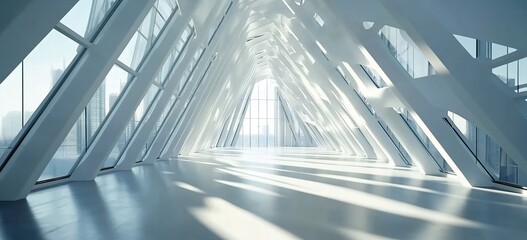 Obraz premium A bright and airy interior with white metal beams forming an angular pattern, creating a modern architectural background.