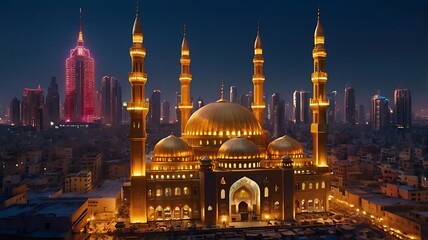 Fototapeta premium Illuminated Mosque at Night City Skyline Backdrop