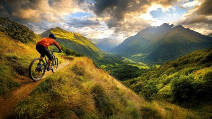 Fototapeta premium Epic Mountain Biking Adventure: A Cyclist's Journey Through Majestic Peaks and Verdant Valleys