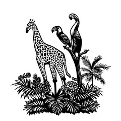 A stylized illustration featuring a giraffe and two parrots among foliage.