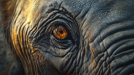 Fototapeta premium Close-up of an elephant's eye, showcasing its intricate textures and warm hues, reflecting wisdom and nature's beauty.