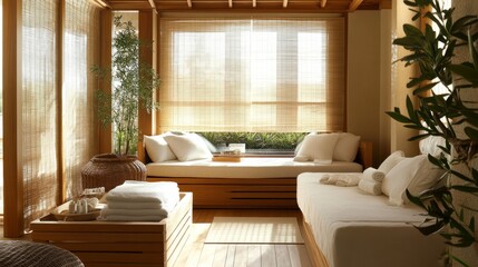 A tranquil spa-like interior with warm wooden tones, a natural light-filled seating area, and subtle touches of greenery.