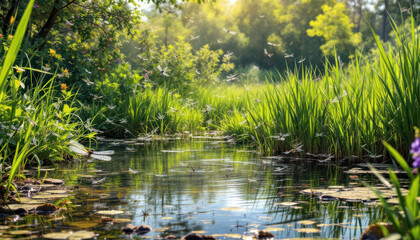 Obraz premium Dragonflies Dance Over Summer Stream