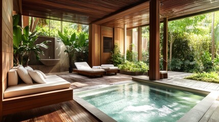 Fototapeta premium A tranquil spa-like interior with warm wooden tones, a natural light-filled seating area, and subtle touches of greenery.