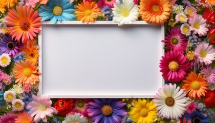 Obraz premium bright floral background with a white empty frame in the middle