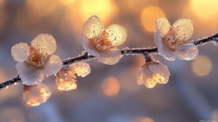 Frosty winter blossoms glowing at sunrise.