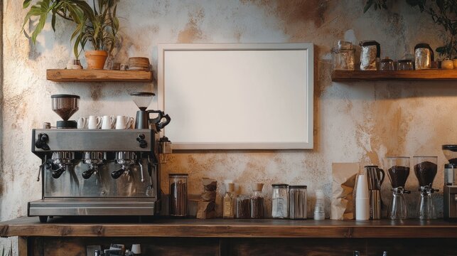 A vintage-style coffee shop featuring a blank white frame, an industrial coffee machine, and distressed wooden shelves displaying coffee essentials.