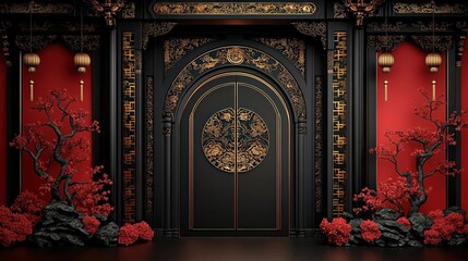Elegant Black Door Adorned with Intricate Gold Design Symbolizing Luxury and Sophistication in a Contemporary Architectural Setting