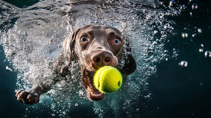 Weimaraner diving underwater, mouth open, eyes locked on a yellow tennis ball, bubbles around.