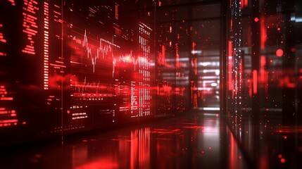 Fototapeta premium Red Digital Data Streams: A Futuristic Tech Corridor
