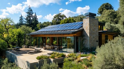 A well-designed home with rooftop solar panels and a sleek heat pump unit, set against a backdrop of trees and sunny skies.