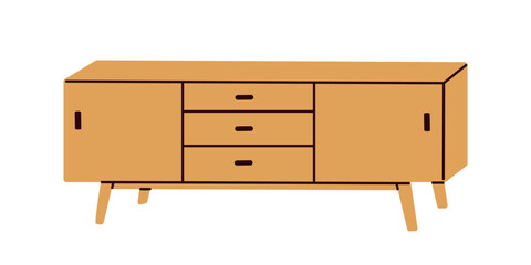 Wooden sideboard, chest of drawers. Modern retro style furniture in Scandinavian mid-century design. Storage unit, wood console for home interior. Flat vector illustration isolated on white background