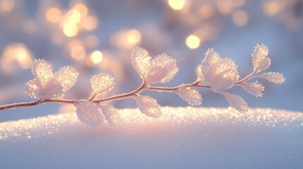 Frosty winter branch in soft sunlight.