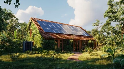 An eco-friendly house with angled solar panels and a small heat pump, nestled in a lush green setting under clear skies.