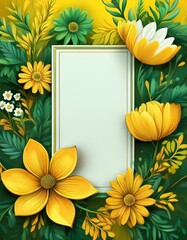 Vertical bright yellow and green floral background with a white empty frame in the middle