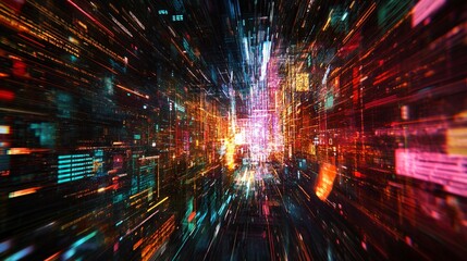 Fototapeta premium A vibrant, abstract representation of a digital landscape filled with colorful lights and data streams.