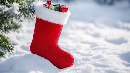 A festive red Christmas stocking filled with colorful gifts, nestled in fresh snow under a pine tree.