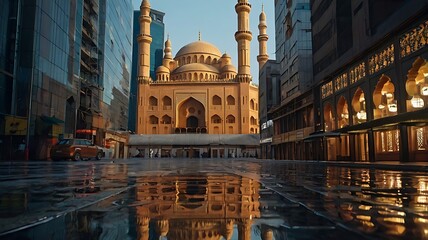 Naklejka premium Majestic Mosque Reflects In City Street Water