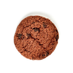 One piece of yummy and sweet crispy brown chocolate cookie biscuit isolated on square white background.