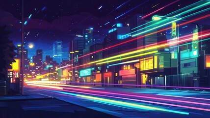 Obraz premium Grunge cyberpunk cityscape with dynamic neon streaks, encapsulating a futuristic yet deteriorating world