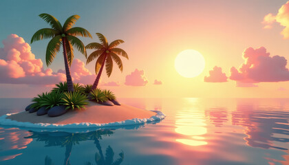 3D Tropical Island with Vibrant Palm Shadows
