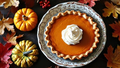Top Down View of Pumpkin Pie Surrounded by Autumn Leaves and Decorative Gourds
