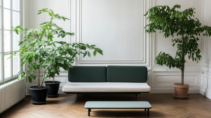 Minimalist interior with white walls, a simple sofa, vibrant green plants, a small rectangular plastic coffee table, and wooden flooring