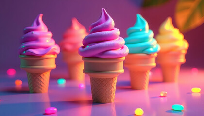 Vibrant 3D Ice Cream Cones with Neon Highlights