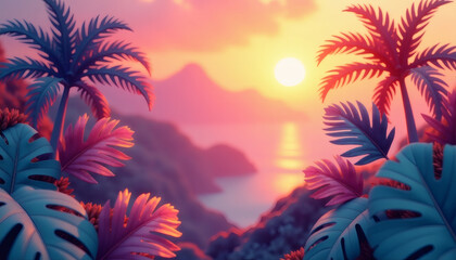 Obraz premium Radiant Sunset Gradient with Tropical Leaf Overlays
