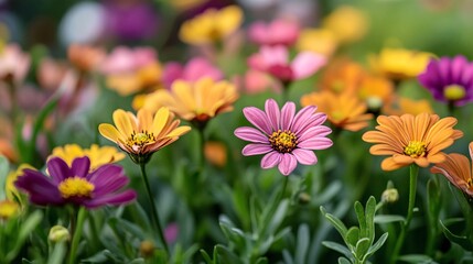 Obraz premium Vibrant flower garden featuring a mix of pink, yellow, and purple daisies in full bloom.
