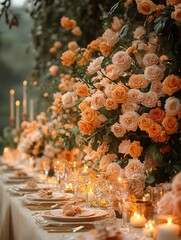Stunning Peach Rose Wedding Table Setting: Wide Shot Photo, Romantic Garden Backdrop. AI Generated