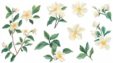 Elegant white flowers with green leaves, showcasing their delicate beauty in a botanical arrangement.