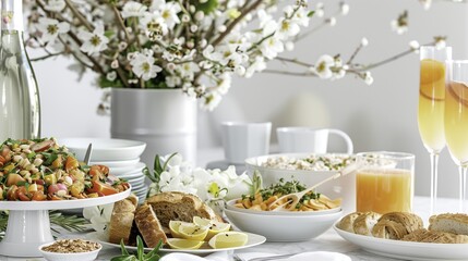 Elegant spring brunch with fresh floral decor and delicious assorted dishes