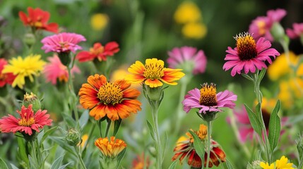 A vibrant bouquet of colorful flowers in various shades including pink, orange, and yellow, creating a lively garden atmosphere.