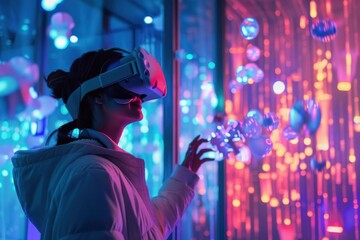 Obraz premium A person wearing a VR headset interacts with colorful digital bubbles in a futuristic setting.
