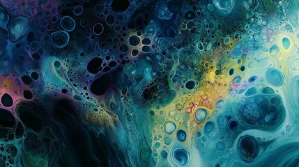 Photo of abstract painting, where multi-colored spots and fluid forms create an emotional atmosphere, showcasing a blend of deep blues and greens that evoke a sense of calm and tranquility.