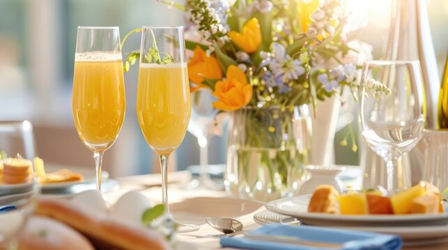 Elegant spring brunch setting with fresh mimosas and colorful flowers
